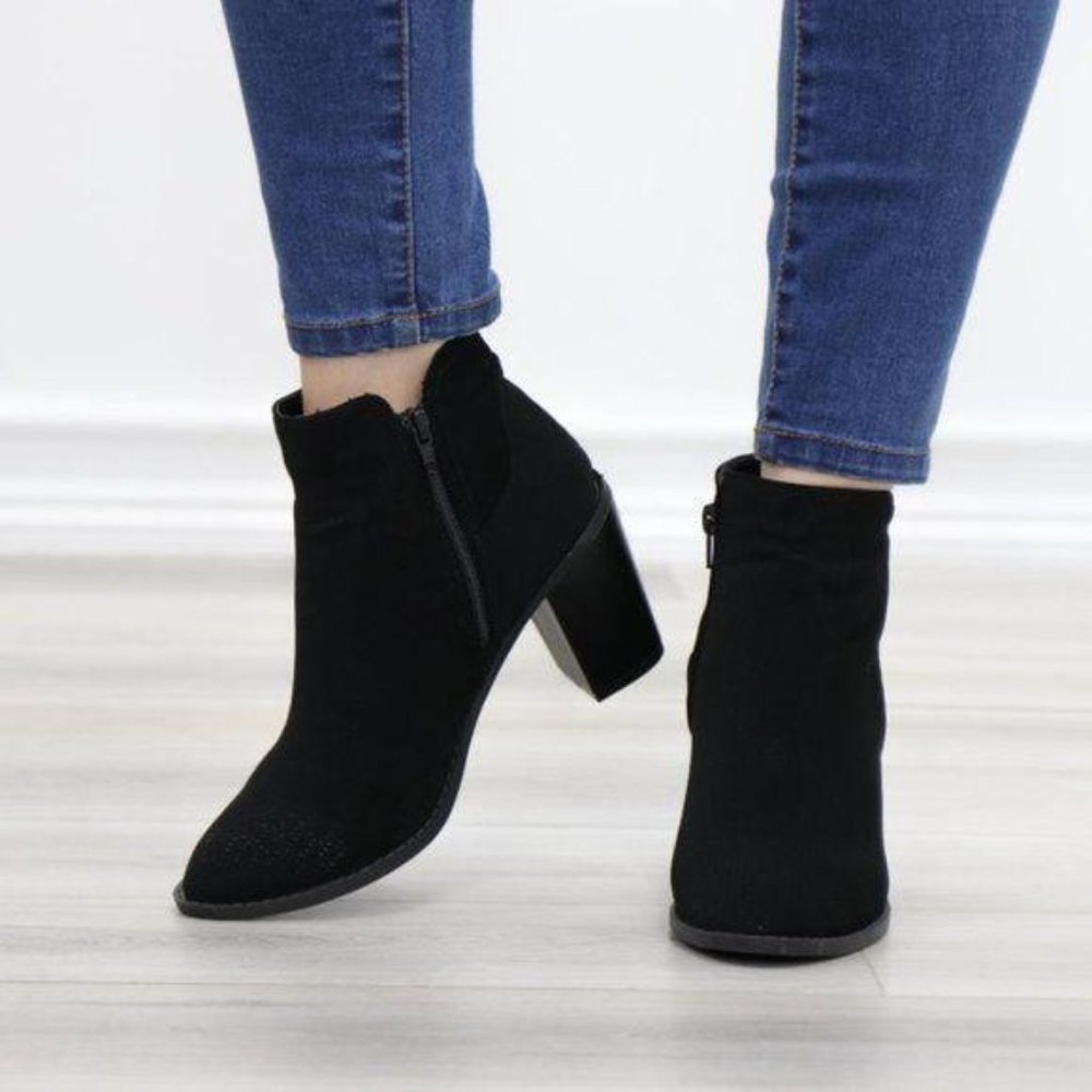 Black Perforated Design Ankle Heeled Boots - Picture 8 of 16